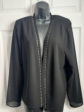 Frank Lyman Cardigan blazer open front 14 XL black sheer jewel shoulder pad